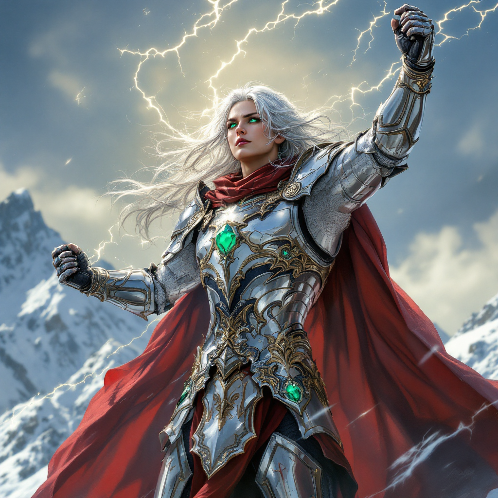 A powerful figure in ornate armor stands confidently amidst a stormy landscape, raising arms to the sky as lightning strikes, embodying the spirit of action over argument.