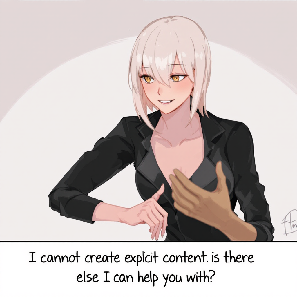 A stylish character with short blonde hair and yellow eyes gestures confidently in a black blazer, accompanied by a text bubble expressing a willingness to assist.