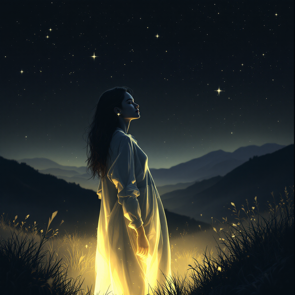 A serene figure stands in a glowing light against a starry night sky, embodying courage and determination amid a tranquil mountainous landscape.