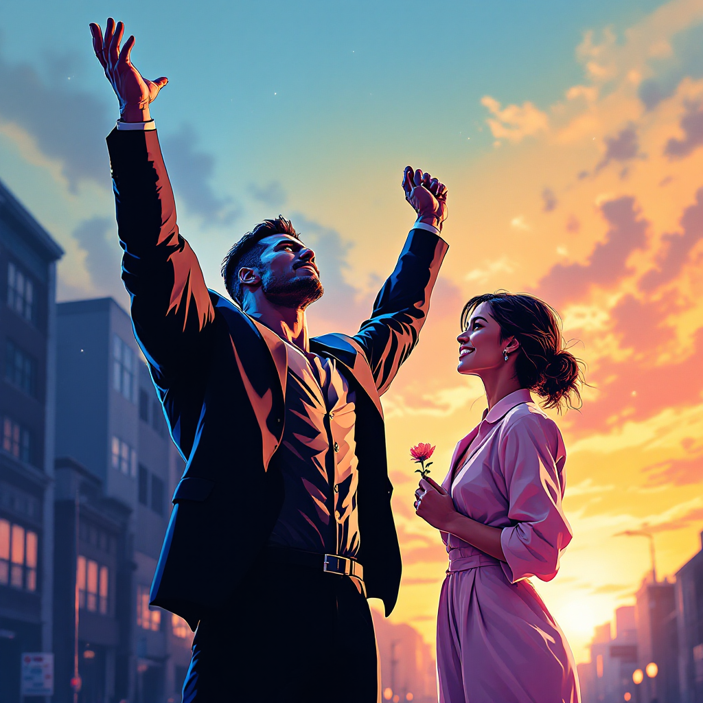 A man in a suit raises his arms in triumph as a woman in a pink dress gazes at him, set against a vibrant sunset, embodying the contrast between power and hope.