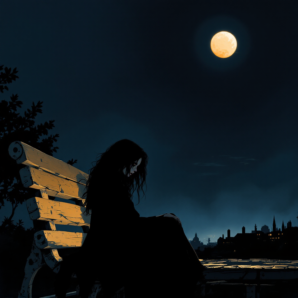 A solitary figure in a dark cloak sits on a bench under a glowing moon, embodying introspection and the theme of personal power from the quote about relinquishing one's strength.