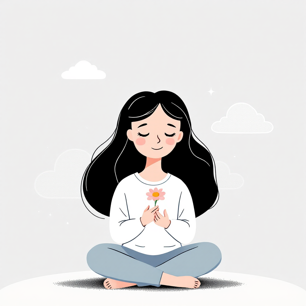 A serene illustration of a young girl sitting cross-legged, holding a flower, with a peaceful expression, embodying the essence of living a good life by embracing indifference to trivial matters.