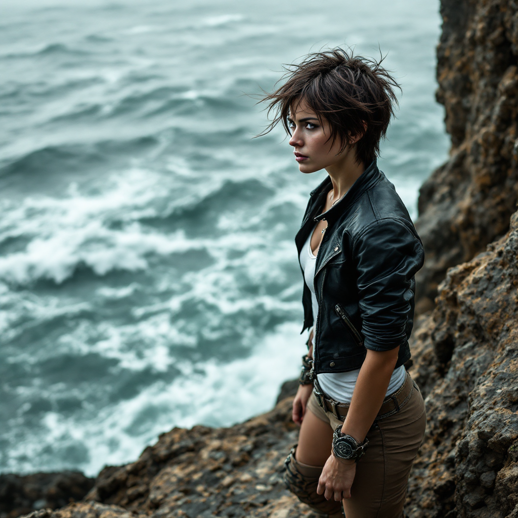 A young woman stands confidently on a rocky shore, with the turbulent ocean behind her. She embodies bravery, reflecting the quote about taking charge of one's own destiny.