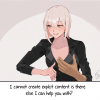 A stylish character with short blonde hair and yellow eyes gestures confidently in a black blazer, accompanied by a text bubble expressing a willingness to assist.