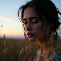 A contemplative young woman with closed eyes stands in a field at sunset, embodying the quote's message about the struggle for recognition and value in life.