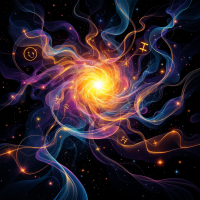 A swirling cosmic landscape radiates vibrant colors, with ethereal waves and symbols representing thoughts and emotions, embodying the power of non-verbal communication.