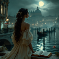 A woman in a flowing dress sits by moonlit water with gondolas, reflecting the quote, The world is what it is and won’t be bargained with, in a quiet, resolute scene.