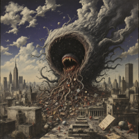 A massive, dark antimemetic entity with a gaping mouth and writhing tentacles engulfs a city, symbolizing the erasure of the Antimemetics Division’s very concept.
