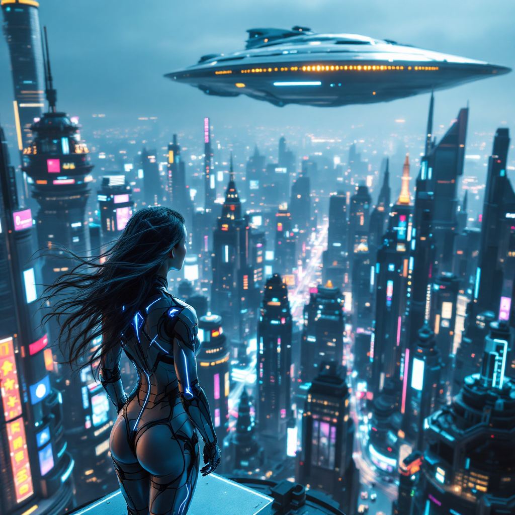 A futuristic cityscape glows beneath a moody sky, as a figure in a high-tech suit gazes at a hovering spaceship, embodying the essence of intelligence and creativity.