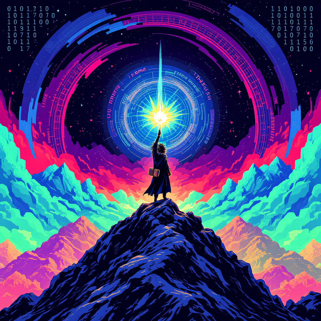 A figure stands atop a vibrant mountain peak, raising a glowing sword toward a swirling, colorful cosmic backdrop. The scene encapsulates the power of naming, shaping worlds.