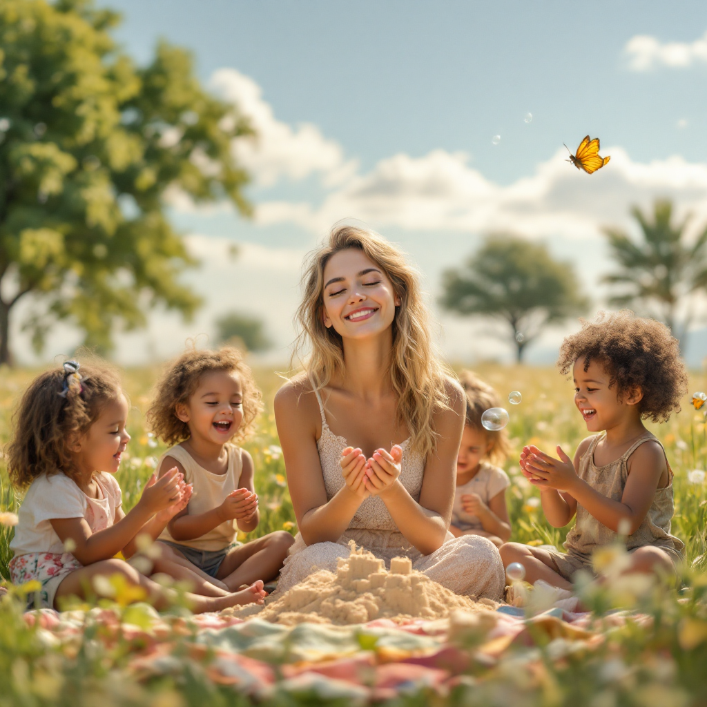 A joyful woman sits among happy children in a sunlit field, surrounded by greenery and flowers. They play together, embodying the healing power of connection and laughter.