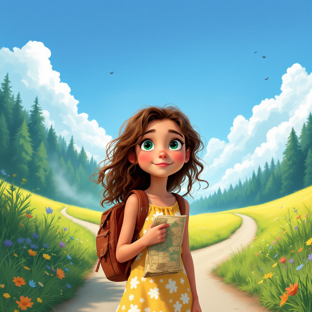 A young girl with curly hair, wearing a yellow dress and carrying a backpack, stands at a crossroads in a vibrant landscape, reflecting the impact of small decisions on her journey.