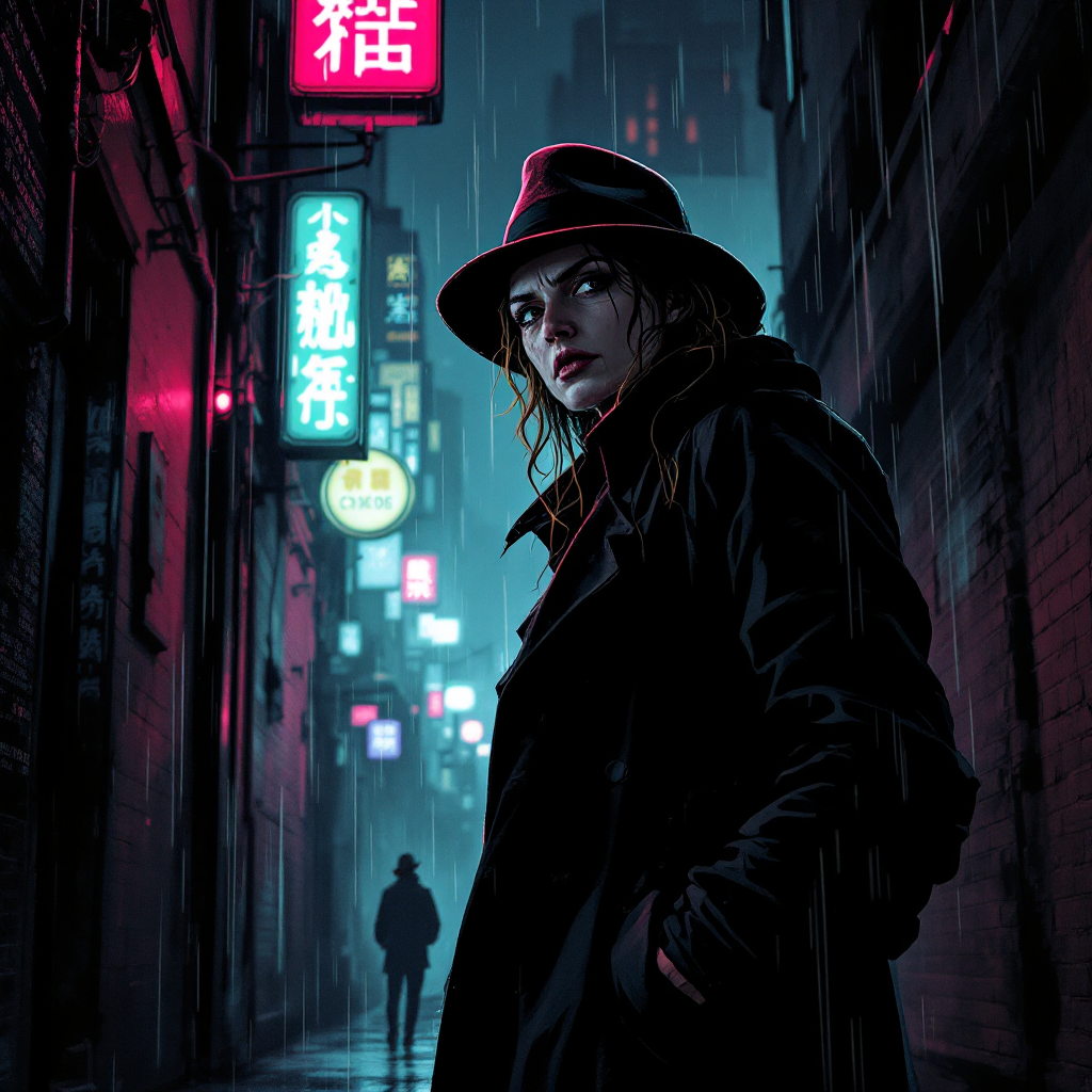 A lone figure in a dark alley, wearing a hat and trench coat, gazes back as neon signs glow overhead, capturing a moment of contemplation amidst a moody, urban landscape.