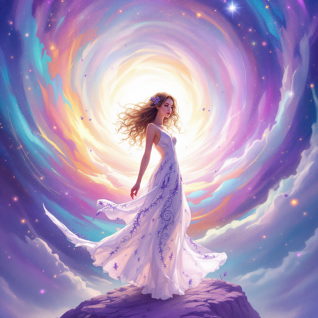 A woman in a flowing white dress stands on a rock, illuminated by a swirling, colorful cosmic vortex, embodying the concept of taking a leap into the unknown with faith.