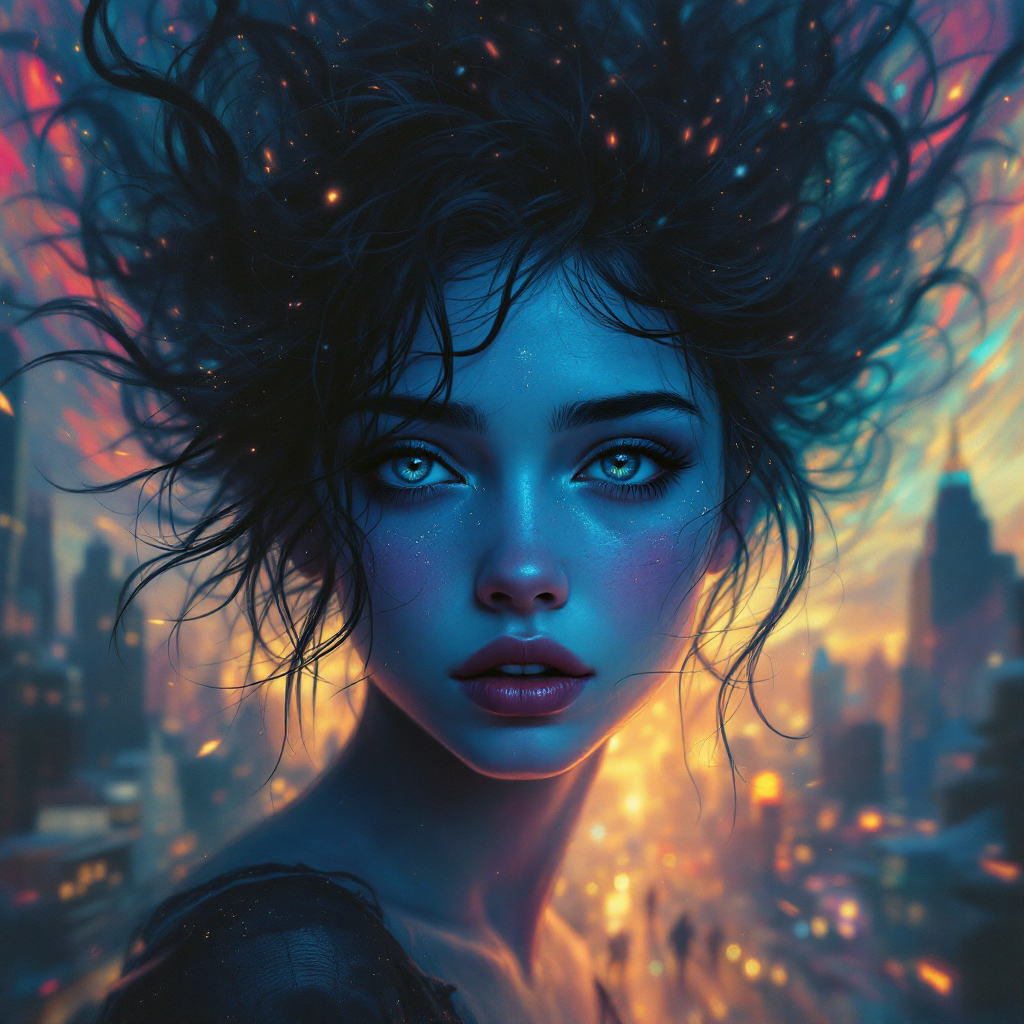 A close-up of a contemplative young woman with striking blue eyes and tousled dark hair, set against a vibrant, colorful cityscape that reflects a sense of longing and connection.