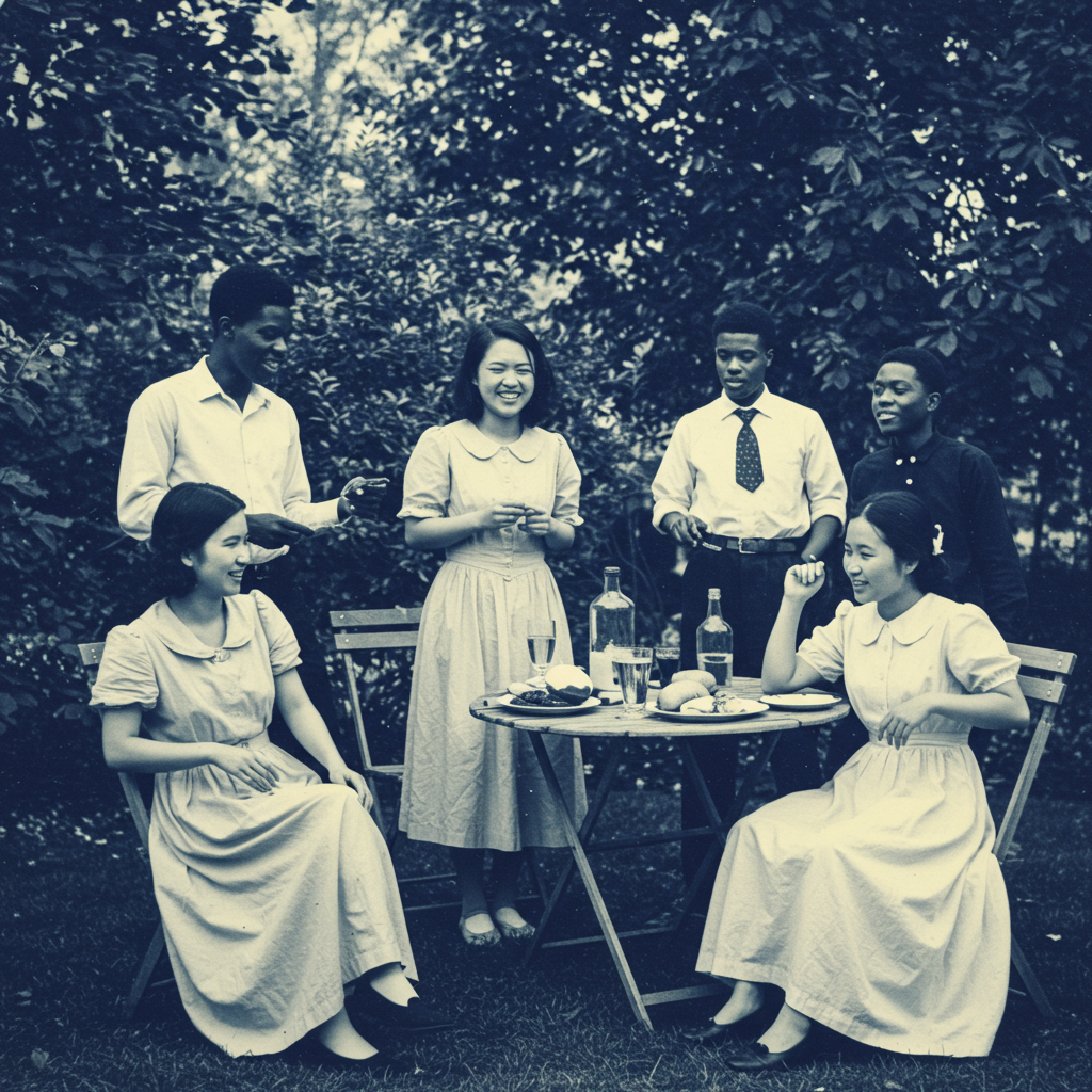 A vintage black-and-white photo of six people in formal attire gathered outdoors around a table, capturing a moment that could cement or poison their friendship.