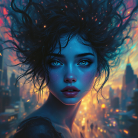 A close-up of a contemplative young woman with striking blue eyes and tousled dark hair, set against a vibrant, colorful cityscape that reflects a sense of longing and connection.