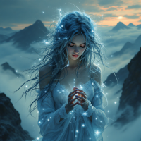 A serene figure with shimmering blue hair stands amidst misty mountains, cradling glowing orbs, embodying a sense of yearning for something just out of reach.