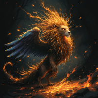 A majestic lion with fiery, flowing mane and vibrant wings stands amidst swirling flames, embodying the spirit of freedom and self-determination.