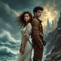 A dramatic scene features a woman in a flowing dress and a man in a rugged outfit, standing back-to-back against turbulent waves and a stormy sky, embodying the strength of friendship amidst chaos.