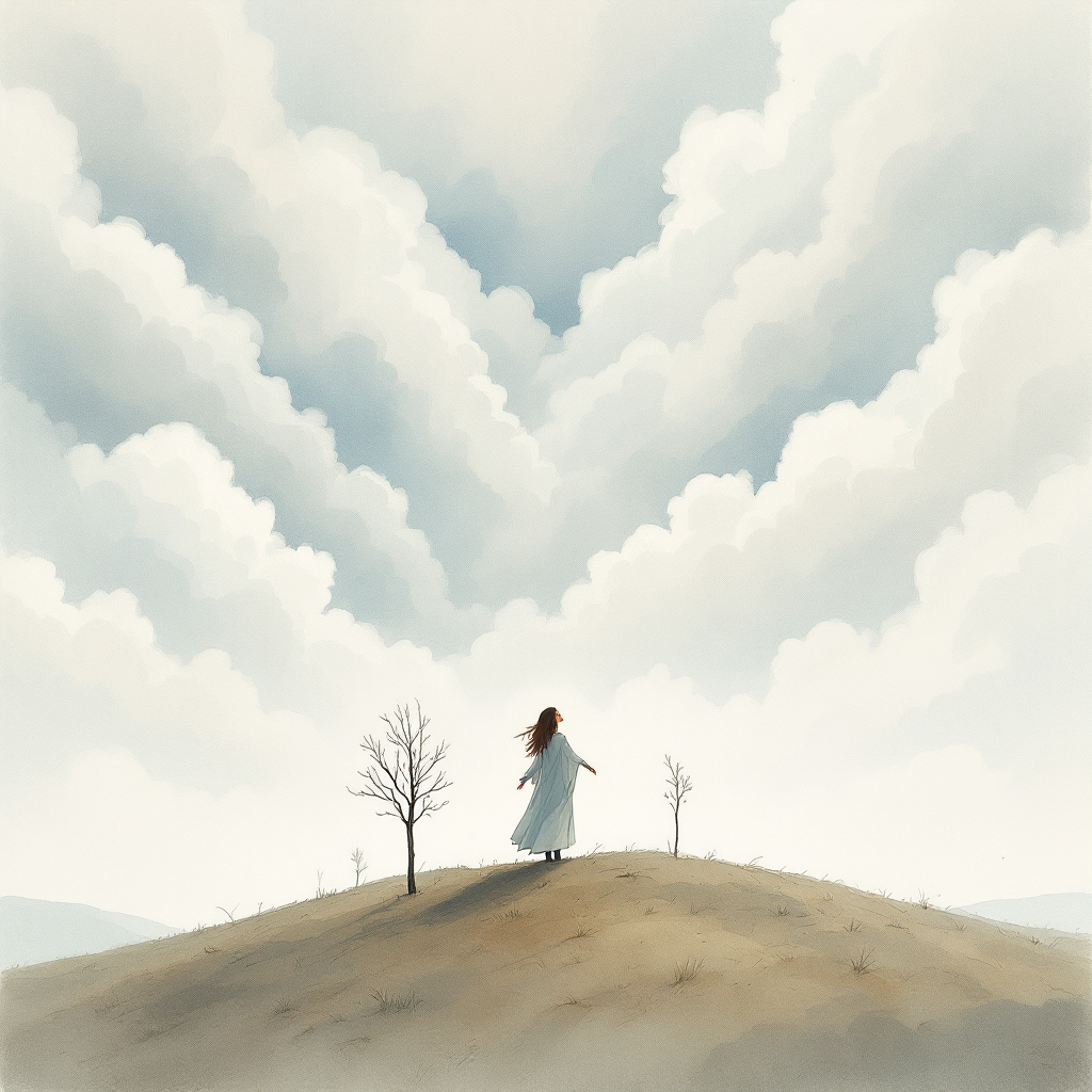 A figure in a flowing gown stands on a hill, gazing toward the sky filled with large, soft clouds, evoking a sense of hope clouding observation, with barren trees dotting the landscape.