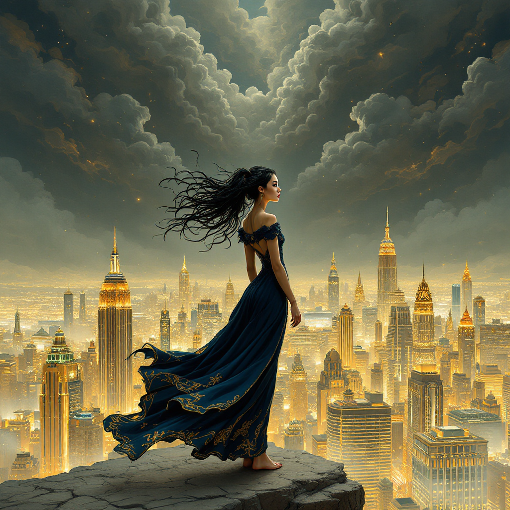 A woman in a flowing blue dress stands on a cliff, gazing over a vibrant cityscape under dramatic, swirling clouds, embodying the quote about responding to reality with madness.