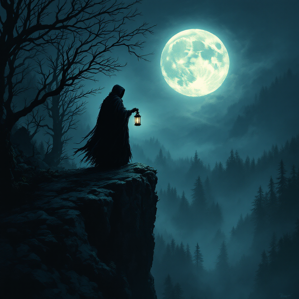 A cloaked figure stands on a cliff, holding a lantern under a full moon, surrounded by dark, misty trees. The scene echoes the quote about caution in confronting monsters.