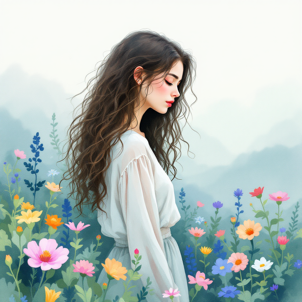 A young woman with flowing, curly hair stands in a serene landscape, surrounded by vibrant flowers, embodying a sense of belonging and introspection amidst nature's beauty.