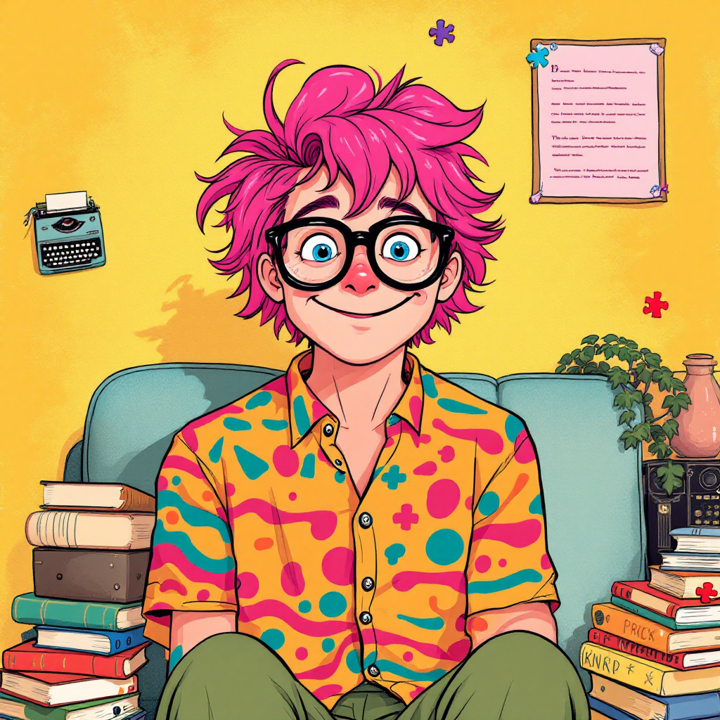 A cheerful character with vibrant pink hair and round glasses sits in a cozy room surrounded by books, embodying the quote about embracing uniqueness and being lovable in their oddity.