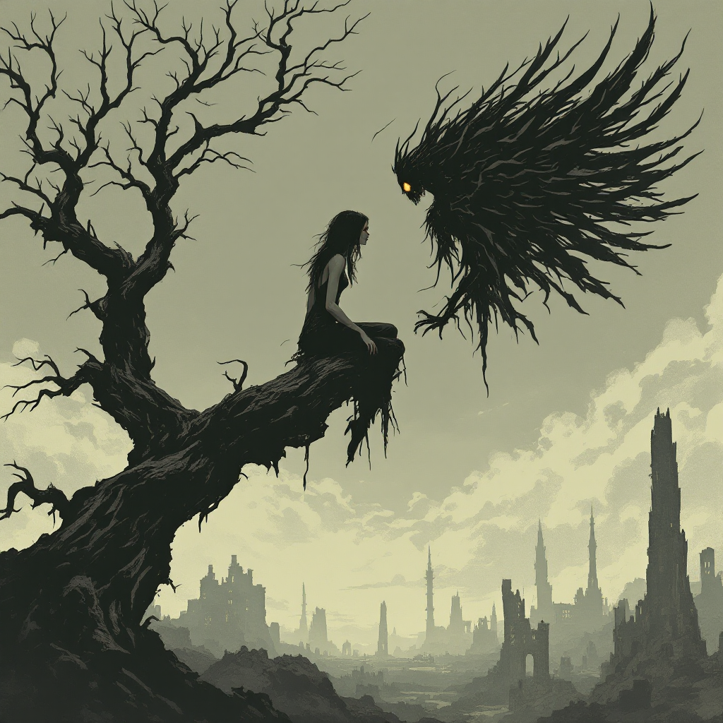 A figure sits atop a twisted tree, confronting a shadowy creature. The desolate landscape reflects themes of truth and pain, embodying the deeper essence of art beyond beauty.