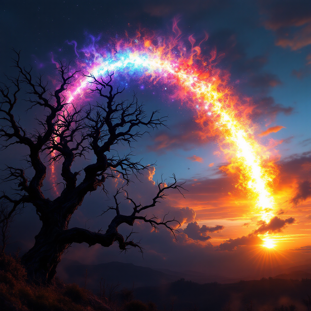A striking sunset illuminates the sky with a vibrant arc of reddish hues, resembling multiple sunsets, while a gnarled tree stands silhouetted against the dramatic scene.