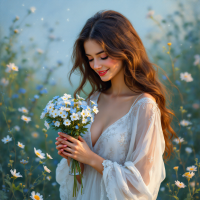 A young woman in a flowing white dress stands among flowers, gently holding a bouquet of daisies. Her serene expression reflects joy and love, embodying the essence of selfless happiness.