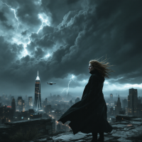 A lone figure stands on a rooftop, windswept hair contrasting against a dark, stormy sky filled with lightning, embodying resilience and self-discovery amidst chaos.