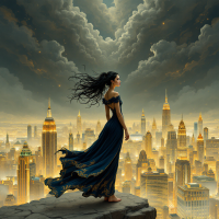 A woman in a flowing blue dress stands on a cliff, gazing over a vibrant cityscape under dramatic, swirling clouds, embodying the quote about responding to reality with madness.