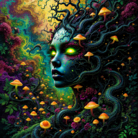 A surreal portrait of a woman entwined with vibrant trees and mushrooms, her glowing green eyes reflecting a mystical connection to nature, embodying the beauty of our intertwined lives.