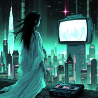 A figure in a flowing white garment gazes at a glowing television set amidst a futuristic cityscape, embodying the theme of past hauntings and future choices.