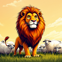 A majestic lion stands confidently in a green field, surrounded by grazing sheep, embodying the quote: A lion does not concern himself with the opinion of sheep.