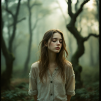 A young woman stands in a misty forest, her expression serene and introspective, embodying the essence of inner feeling over outward appearance.