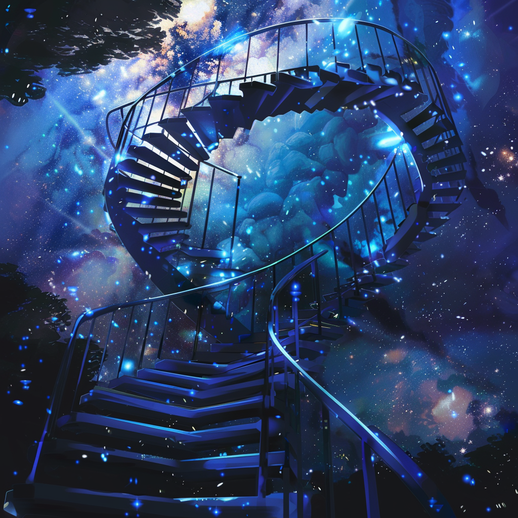 A spiral staircase winds through a cosmic space filled with stars, symbolizing the enduring ascent of scientific progress in a supportive society.