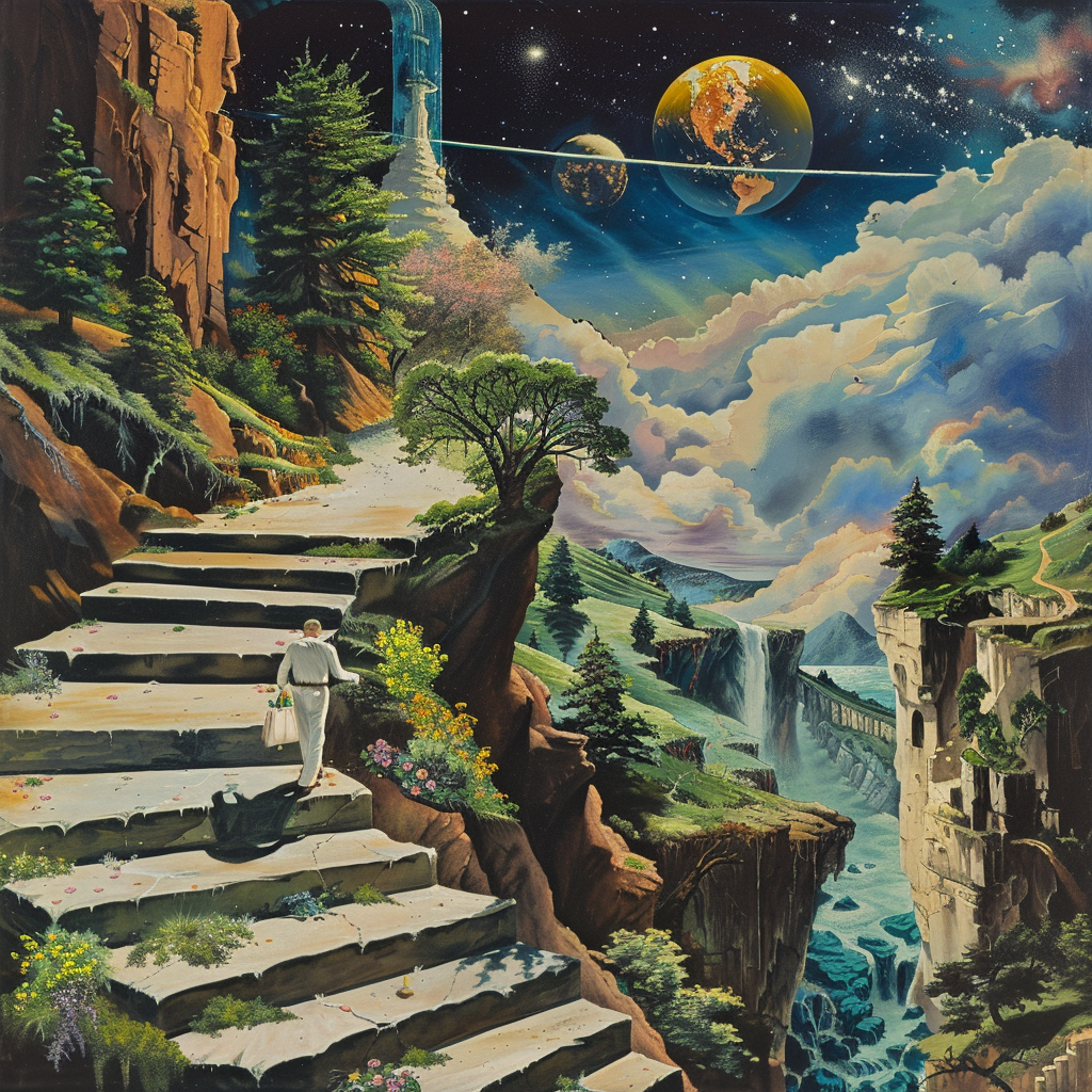 A scholar ascends a staircase winding through a fantastical landscape with cliffs, waterfalls, and celestial bodies, symbolizing the long journey of scientific progress.