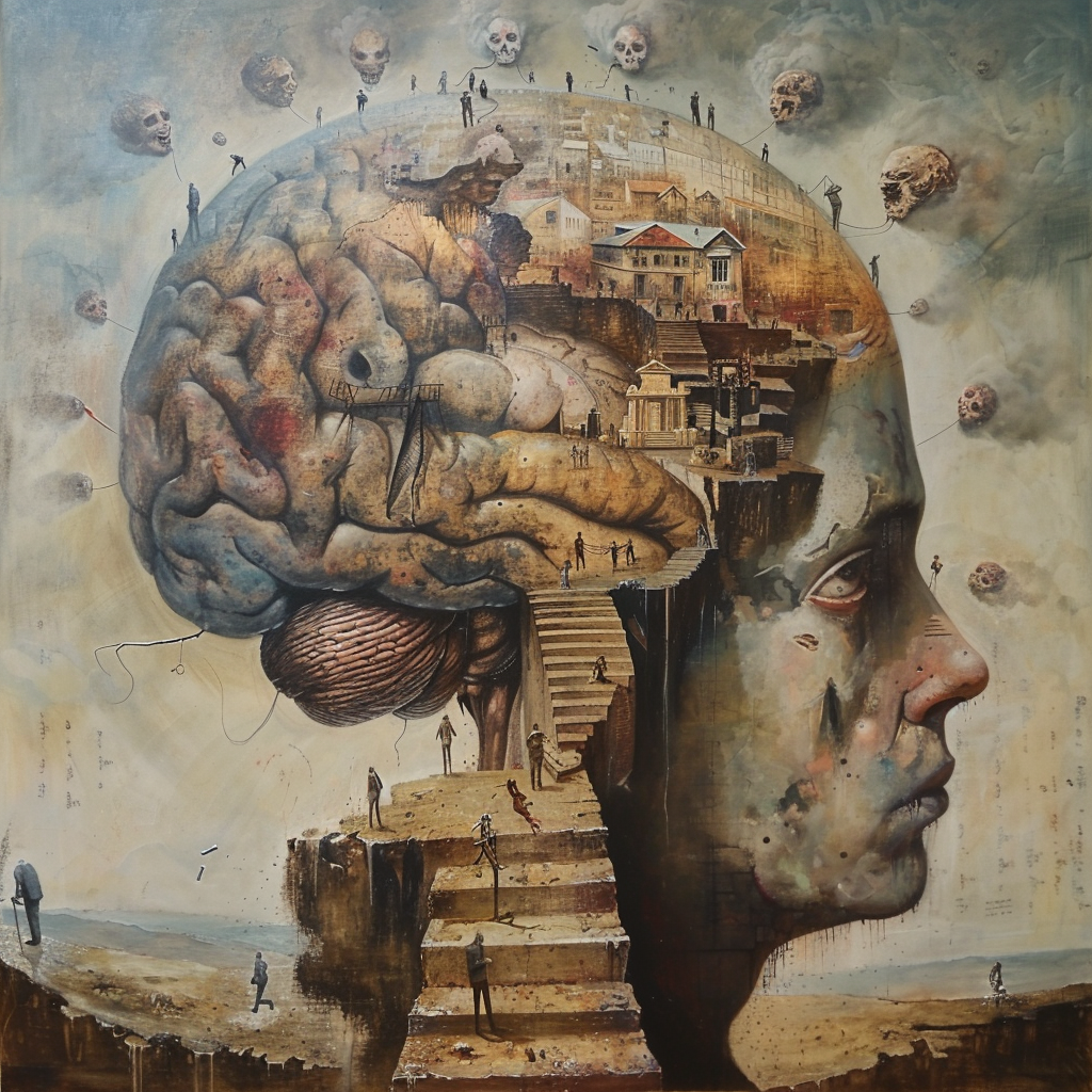 Surreal painting depicting a human head with the brain exposed, transforming into a landscape of buildings and ascending stairs, symbolizing the evolution of scientific thought.