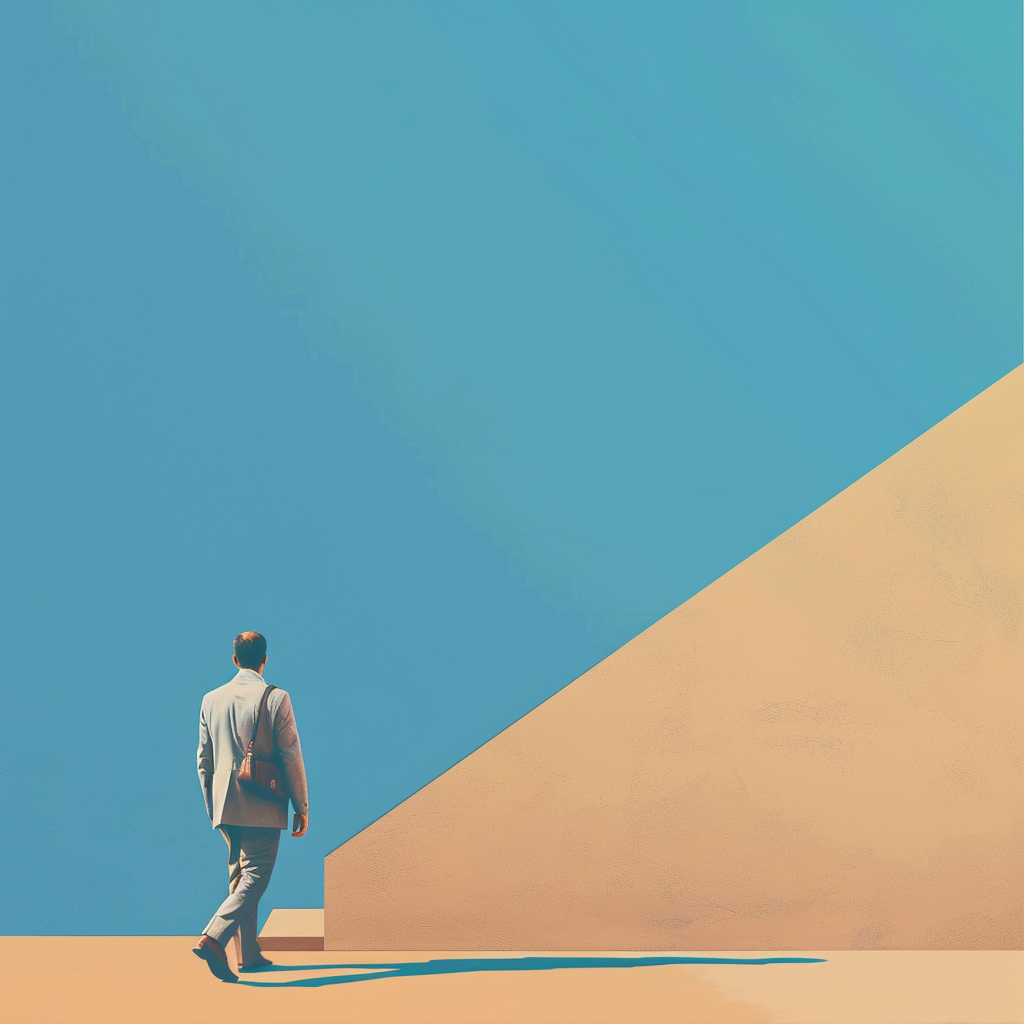 A man walks up a symbolic tan ramp, reflecting the gradual ascent of scientific progress under the stable support of society, set against a clear blue sky.