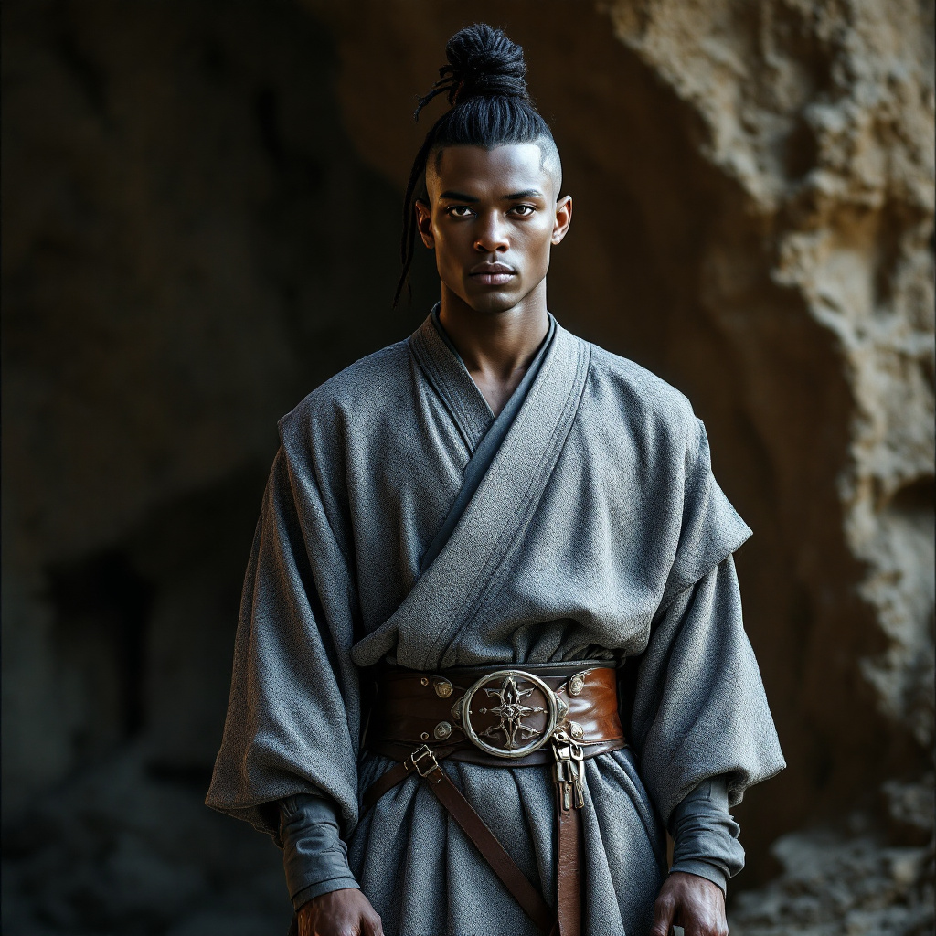 A figure stands confidently in a layered gray-and-blue tunic, with a smooth grayish complexion and a topknot symbolizing rank, set against a rugged natural backdrop.