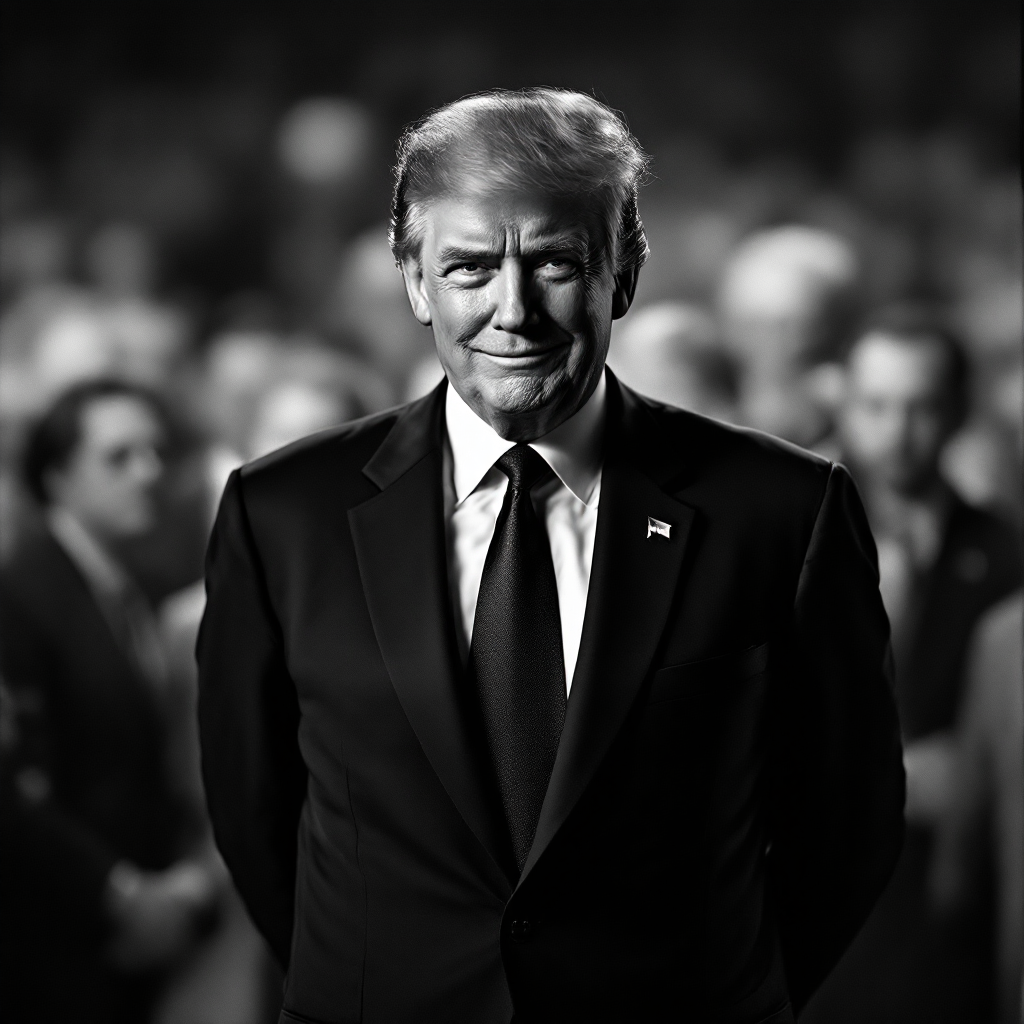 A black-and-white image of a man in a suit with a subtle smile, standing confidently in a crowd, embodying the essence of a controversial and attention-drawing figurehead.