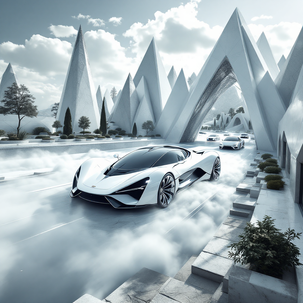 A sleek, futuristic car glides silently above a misty road, flanked by sharp, white geometric structures and lush greenery, embodying the essence of luxury and adventure.