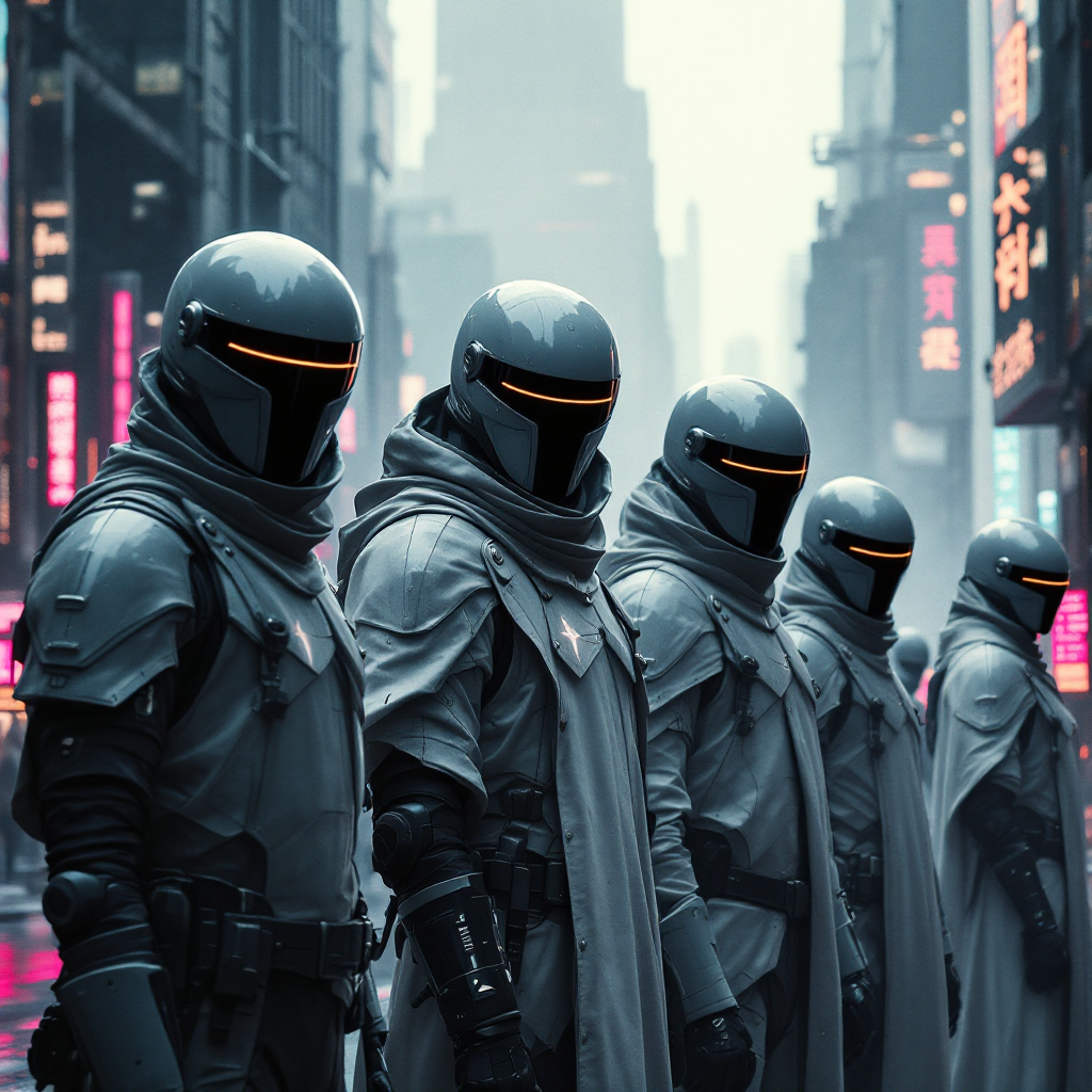 A group of gray-armored soldiers stands in a futuristic city, embodying order and control, amidst colorful neon lights that reflect a structured hierarchy of distinct roles.