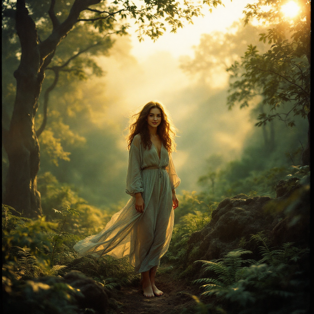 A woman stands in a misty forest, wearing a flowing dress, embodying the essence of embracing uncertainty and self-discovery amidst the serene, golden light of dawn.