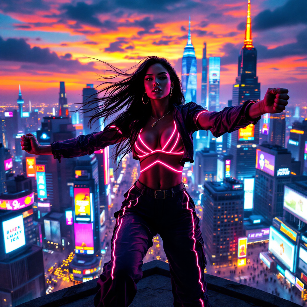 A confident woman stands triumphantly on a rooftop against a vibrant city skyline at sunset, embodying resilience and the spirit of thriving amid adversity.