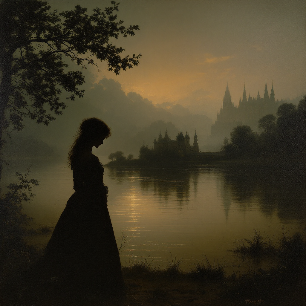 A silhouette of a woman in a dark dress stands by a tranquil lake at dusk, reflecting the quote about the echoes of lost potential amid a serene, mystical landscape.