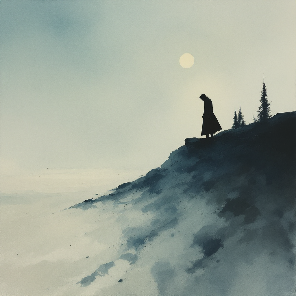 A solitary figure in a long coat stands on a cliff, gazing downward, with a muted landscape and a pale sun, evoking the quote, The man was gone and there was no one left to see him die.